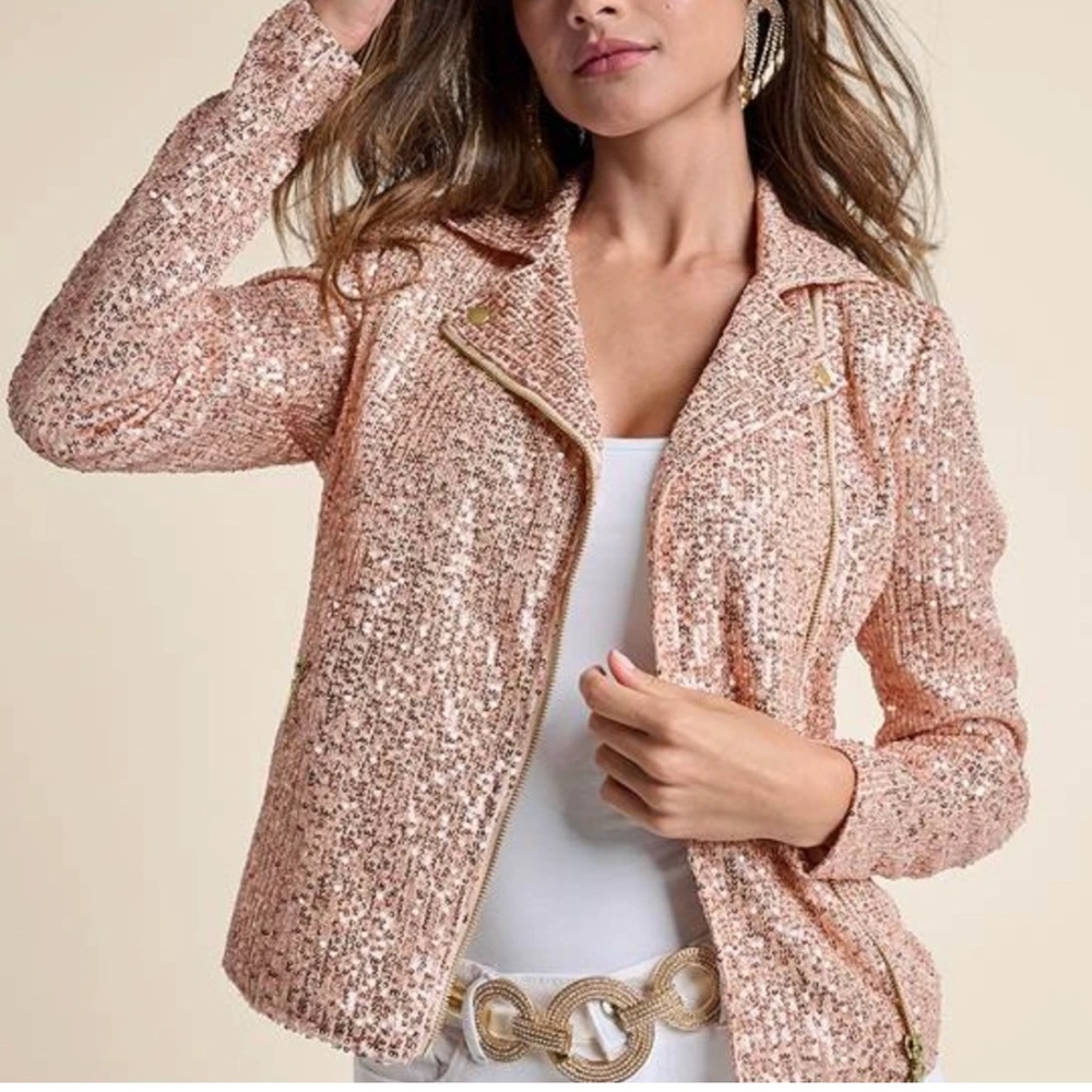 VENUS Rose Gold Sequin Moto Blazer Jacket